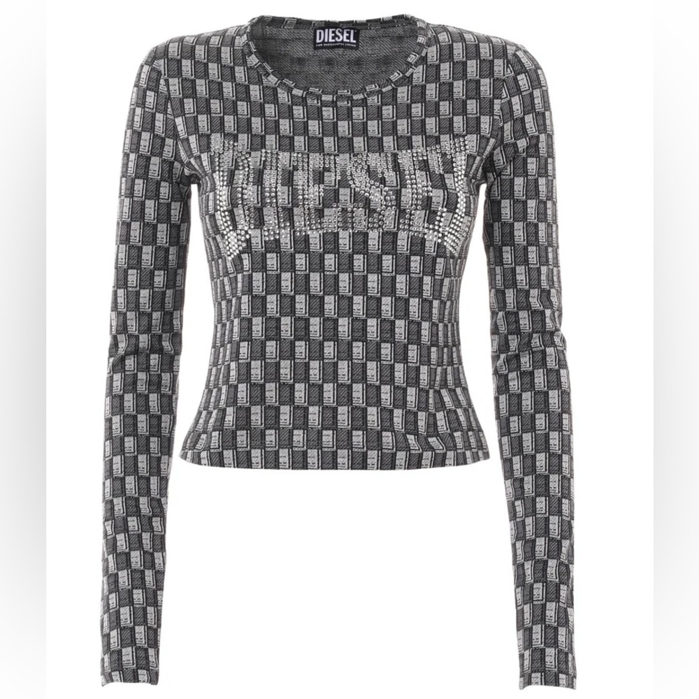 DIESEL Rhinestone Long Sleeve Checkered Top Logo Crystal